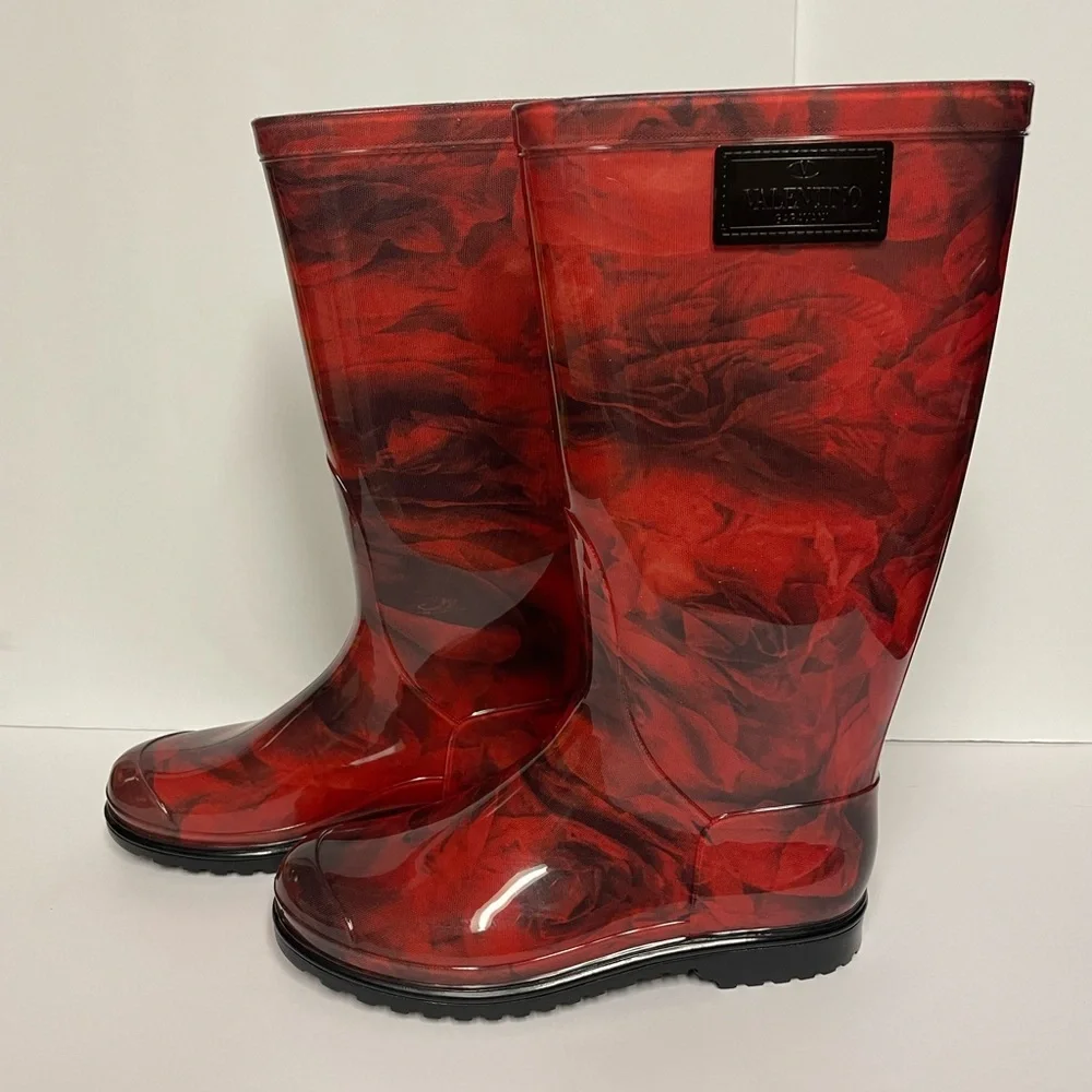 Valentino Garavani tall flat rain boots red flowers 38